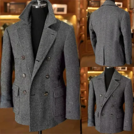 British Men's Blazers Vintage Herringbone Tweed Formal Jacket Wool Blend Double Breasted Casual Autumn Winter Suit Coat